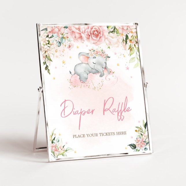 Rosa Blommigt Elephant Baby Shower Diaper Raffle Poster (Pink Floral Sleeping Elephant Baby Shower Diaper Raffle Sign)
