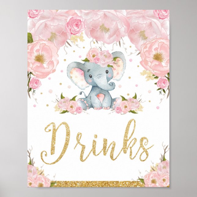 Rosa Blommigt Elephant Baby Shower Drinks Sign Dec Poster (Framsidan)