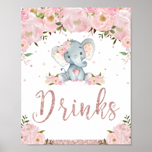 Rosa Blommigt Elephant Baby Shower Drinks Sign Dec Poster (Framsidan)