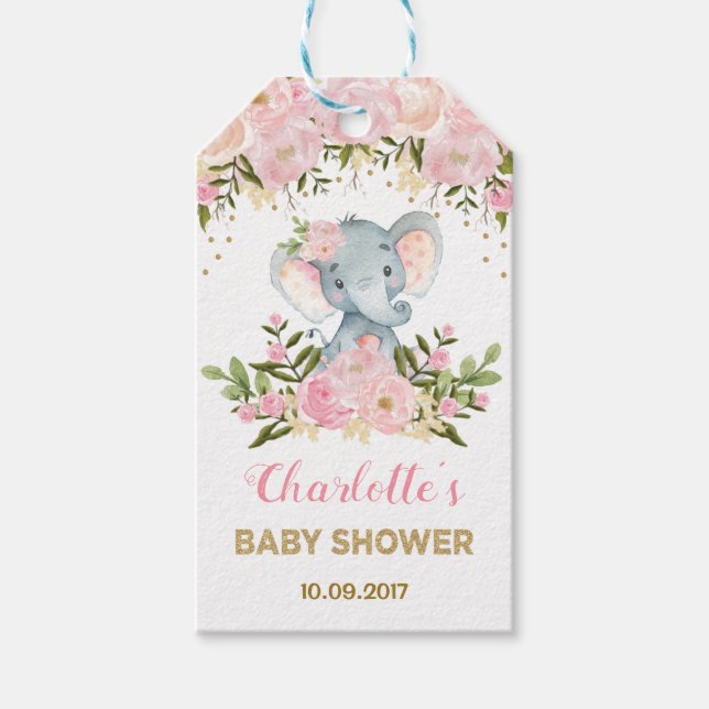 Rosa Blommigt Elephant Baby Shower Favor Gift Märk Presentetikett (Framsidan)