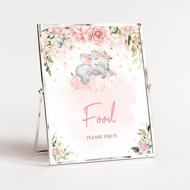 Rosa Blommigt Elephant Baby Shower Food Poster (Pink Floral Sleeping Elephant Baby Shower Food Sign)
