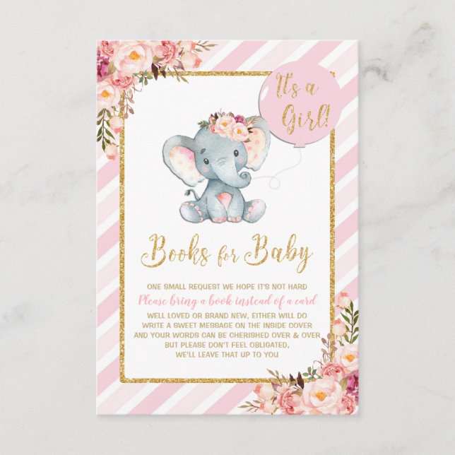 Rosa Blommigt Elephant Baby Shower ger ett Bok-kor Tilläggskort (Framsida)