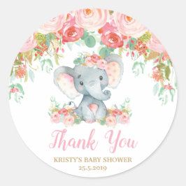 Rosa Blommigt Elephant Baby Shower Girl FavFavorit Runt Klistermärke