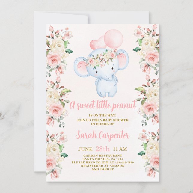  Rosa blommigt Elephant Baby Shower Girl Inbjudningar (Framsida)