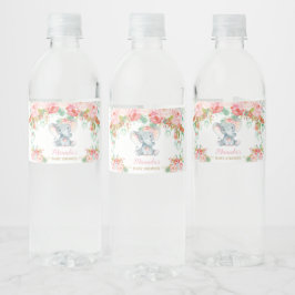 Rosa Blommigt Elephant Baby Shower Girl Vattenflaskor Etikett