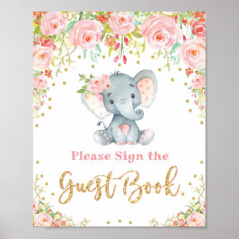 Rosa Blommigt Elephant Baby Shower Guest Bok Sign Poster