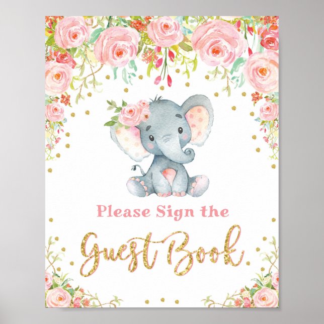 Rosa Blommigt Elephant Baby Shower Guest Bok Sign Poster (Framsidan)