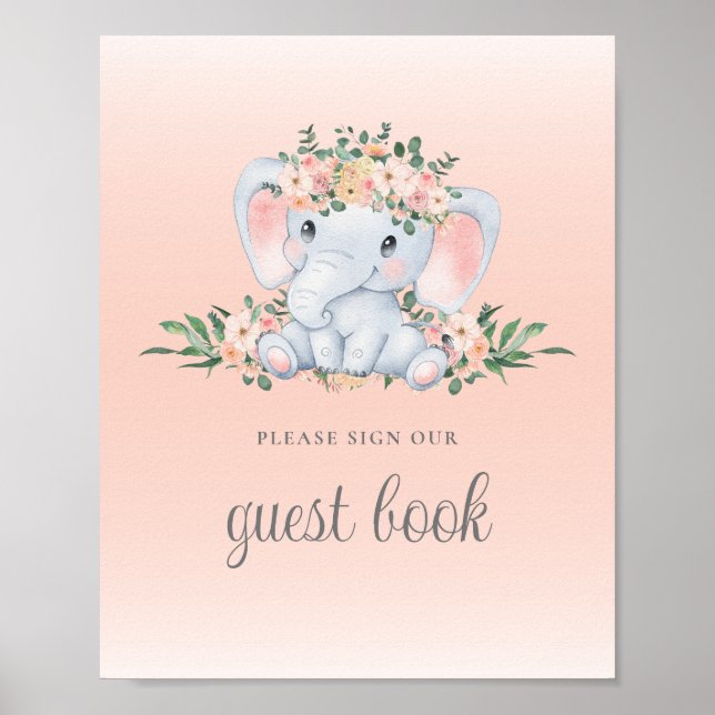 Rosa Blommigt Elephant Baby Shower Guest Bok Sign Poster (Framsidan)