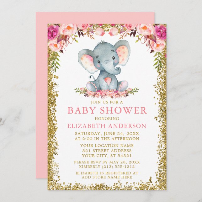 Rosa Blommigt Elephant Baby Shower Guld Glitter Inbjudningar (Fram/baksida)