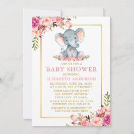 Rosa Blommigt Elephant Baby Shower Guld Ram Inbjudningar