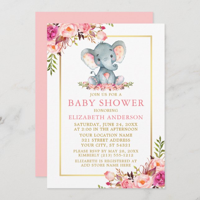 Rosa Blommigt Elephant Baby Shower Guld Ram Inbjudningar (Fram/baksida)
