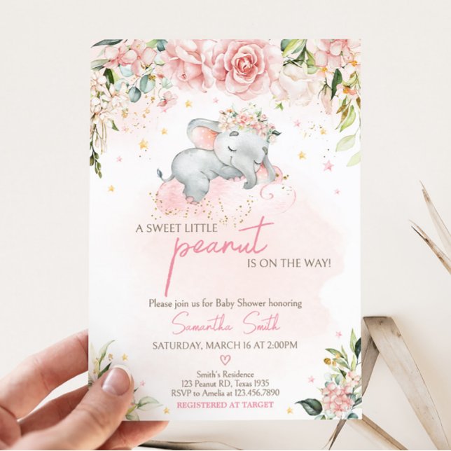 Rosa Blommigt Elephant Baby Shower Inbjudningar (Pink Floral Sleeping Elephant Baby Shower Invitation)