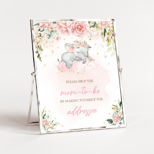 Rosa Blommigt Elephant Baby Shower Kuvert Station Poster
