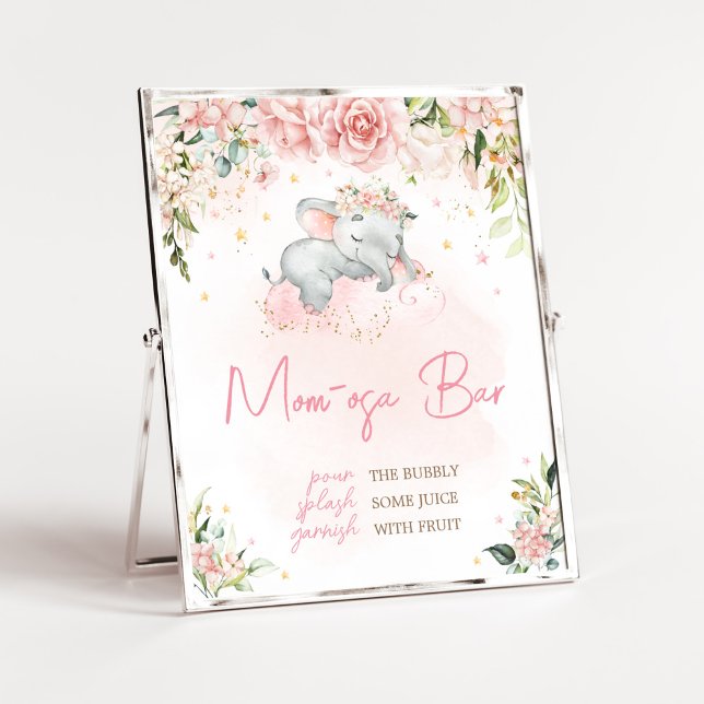 Rosa Blommigt Elephant Baby Shower Mamma Osa Pub Poster (Pink Floral Sleeping Elephant Baby Shower Mom Osa Bar Sign)