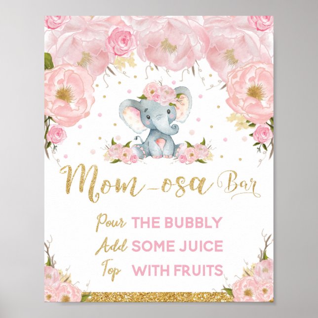 Rosa Blommigt Elephant Baby Shower Mamma-osa Pub Poster (Framsidan)