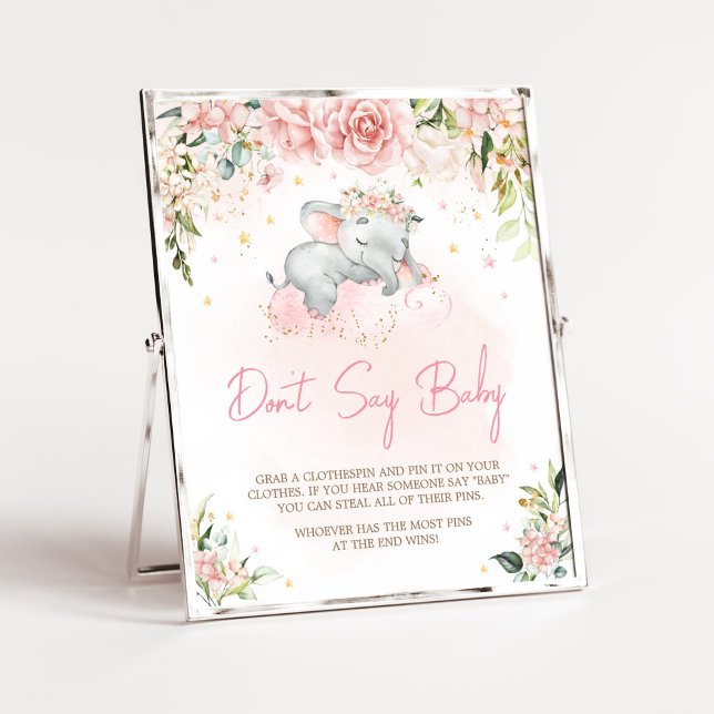 Rosa Blommigt Elephant Baby Shower Säg inte Baby Poster (Pink Floral Sleeping Elephant Baby Shower Don't Say Baby Sign)