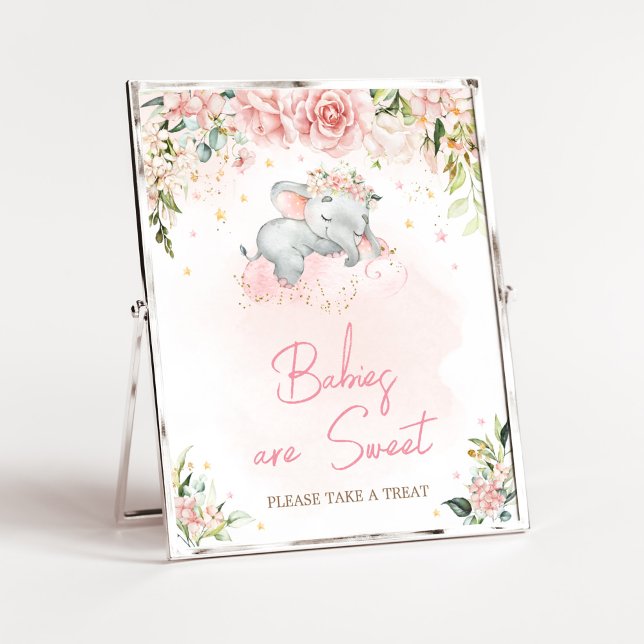 Rosa Blommigt Elephant Baby Shower Spädbarn är Swe Poster (Pink Floral Sleeping Elephant Baby Shower Babies are Sweet Sign)