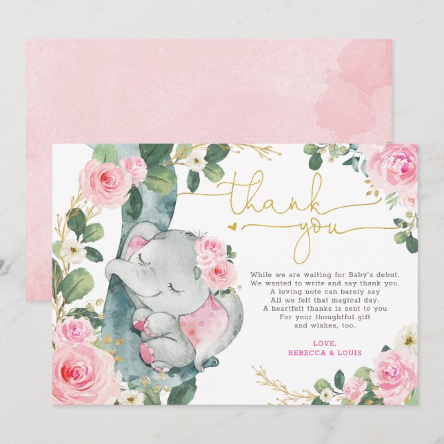 Rosa Blommigt Elephant Baby Shower Tack för ditt k Inbjudningar (Fram/baksida)