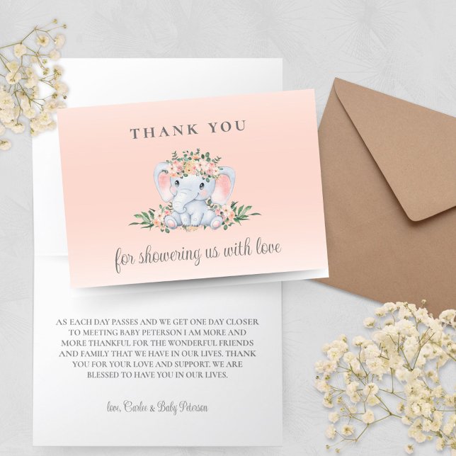 Rosa Blommigt Elephant Baby Shower Tack för ditt k Kort (Elephant Baby Shower Thank You Cards for Sweet Baby Girl with Pink Peach Floral and Greenery)