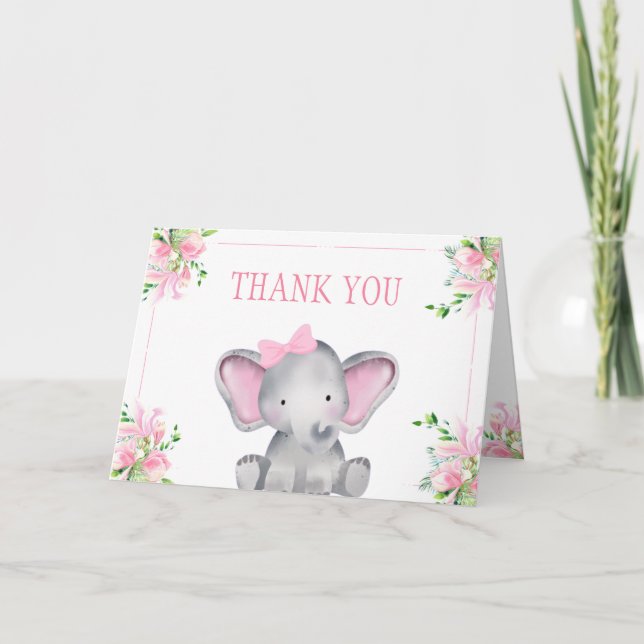 Rosa Blommigt Elephant Baby Shower Tack Kort (Framsida)