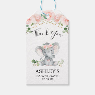 Rosa Blommigt Elephant Baby Shower Tack Märkre Presentetikett