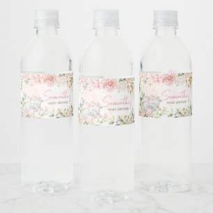 Rosa Blommigt Elephant Baby Shower Vattenflaskor Etikett