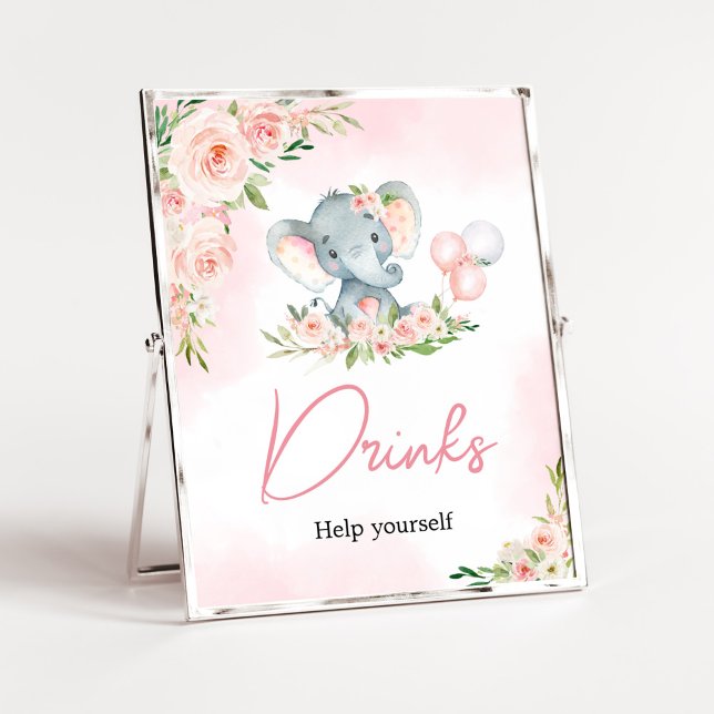 Rosa Blommigt Elephant Balloon Baby Shower Drinks Poster (Floral Balloon Elephant Baby Shower Drinks Sign)