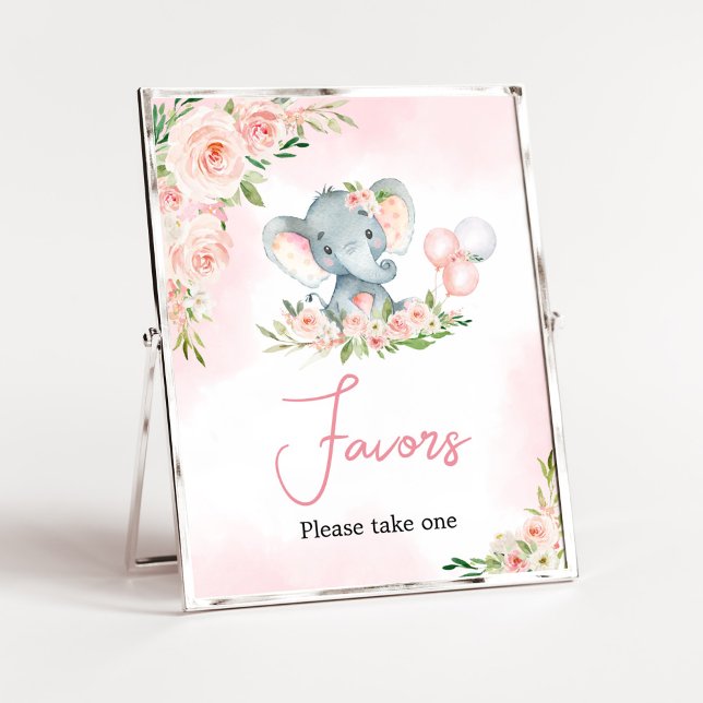 Rosa Blommigt Elephant Balloon Baby Shower Favues  Poster (Floral Balloon Elephant Baby Shower Favors Sign)