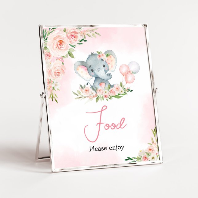 Rosa Blommigt Elephant Balloon Baby Shower Food Poster (Floral Balloon Elephant Baby Shower Food Sign)