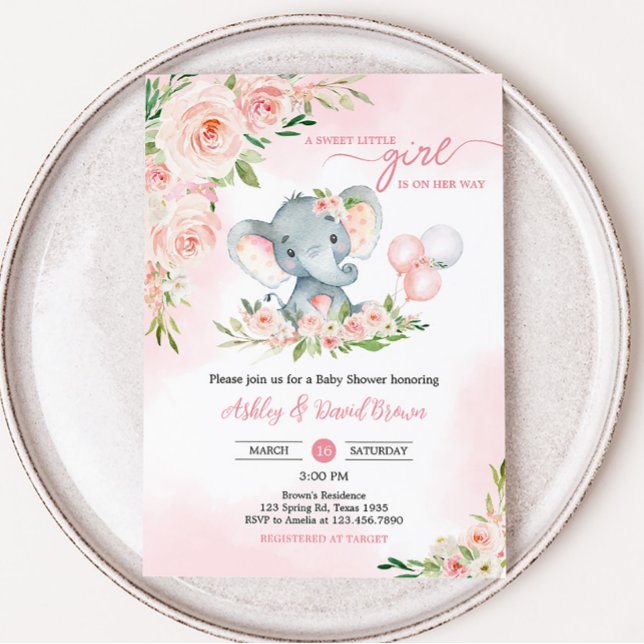 Rosa Blommigt Elephant Balloon Baby Shower Inbjudningar (Floral Balloon Elephant Baby Shower Invitation)