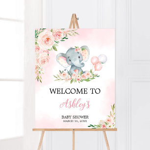 Rosa Blommigt Elephant Balloon Baby Shower Välkomm Poster