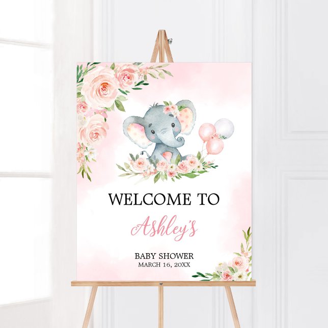 Rosa Blommigt Elephant Balloon Baby Shower Välkomm Poster (Floral Balloon Elephant Baby Shower Welcome Sign)
