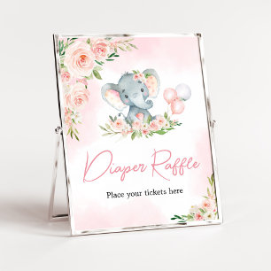 Rosa Blommigt Elephant Balloon Diaper Raffle Poster