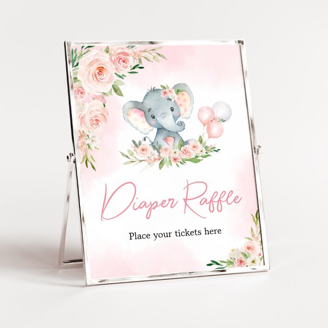 Rosa Blommigt Elephant Balloon Diaper Raffle Poster (Floral Balloon Elephant Baby Shower Diaper Raffle Sign)