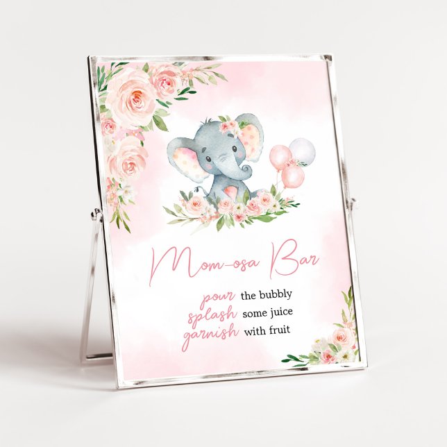 Rosa Blommigt Elephant Balloon Mamma Osa Pub Poster (Floral Balloon Elephant Baby Shower Mom Osa Bar Sign)