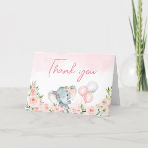 Rosa Blommigt Elephant Balloon Tack Kort