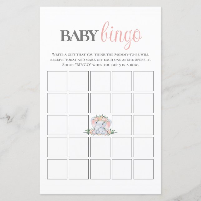 Rosa Blommigt Elephant Bingo Baby Shower Game (Framsida)