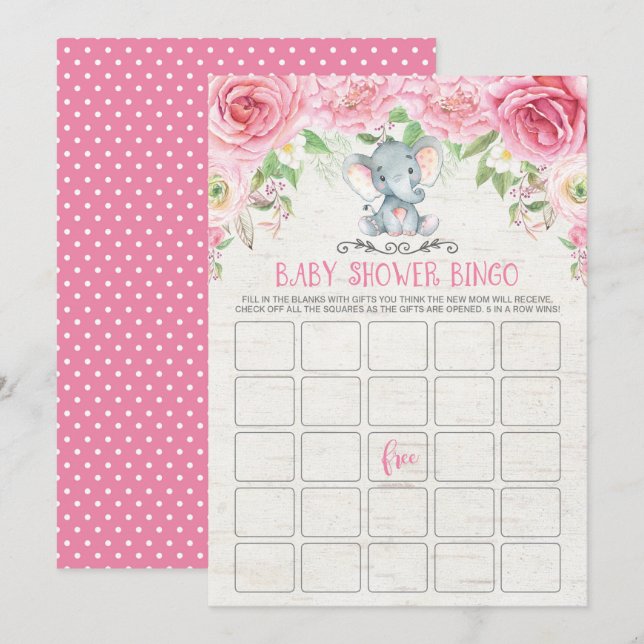 Rosa Blommigt Elephant Bingo Baby Shower Game Card Inbjudningar (Fram/baksida)