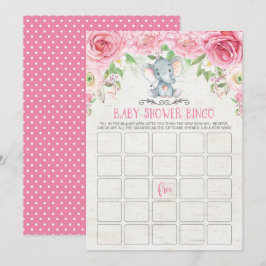 Rosa Blommigt Elephant Bingo Baby Shower Game Card Inbjudningar