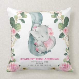 Rosa Blommigt Elephant Birth Stats Girl Nursery Kudde