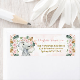  Rosa Blommigt Elephant Boho Flicka Returadress Etikett