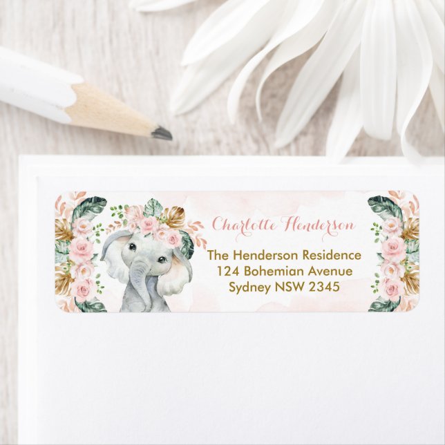  Rosa Blommigt Elephant Boho Flicka Returadress Etikett (Insitu)