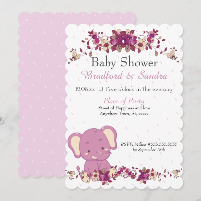 Rosa Blommigt Elephant Chic Simple Baby Shower Inv Inbjudningar (Fram/baksida)