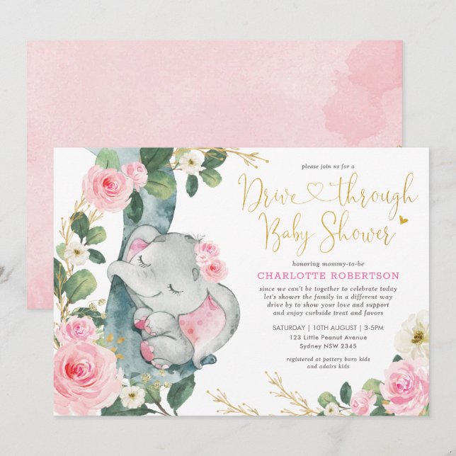 Rosa Blommigt Elephant Drive by Girl Baby Shower Inbjudningar (Fram/baksida)