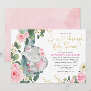 Rosa Blommigt Elephant Drive by Girl Baby Shower Inbjudningar