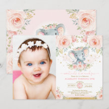 Rosa  Blommigt Elephant Girl 1st Birthday Party