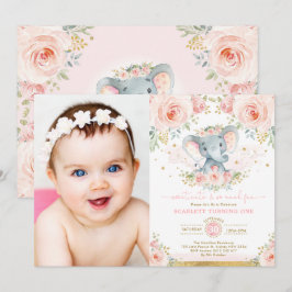 Rosa  Blommigt Elephant Girl 1st Birthday Party Inbjudningar