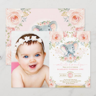 Rosa  Blommigt Elephant Girl 1st Birthday Party Inbjudningar