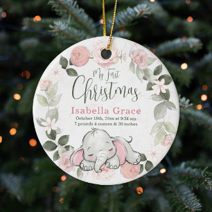 Rosa Blommigt Elephant Girl Baby 1:a julfoto Julgransprydnad Keramik