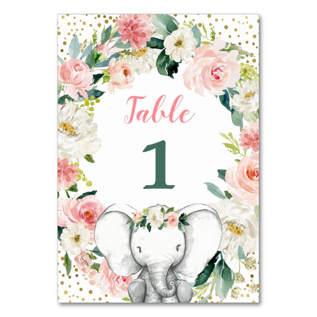 Rosa Blommigt Elephant Girl Baby Shower Bordsnummer (Framsidan)